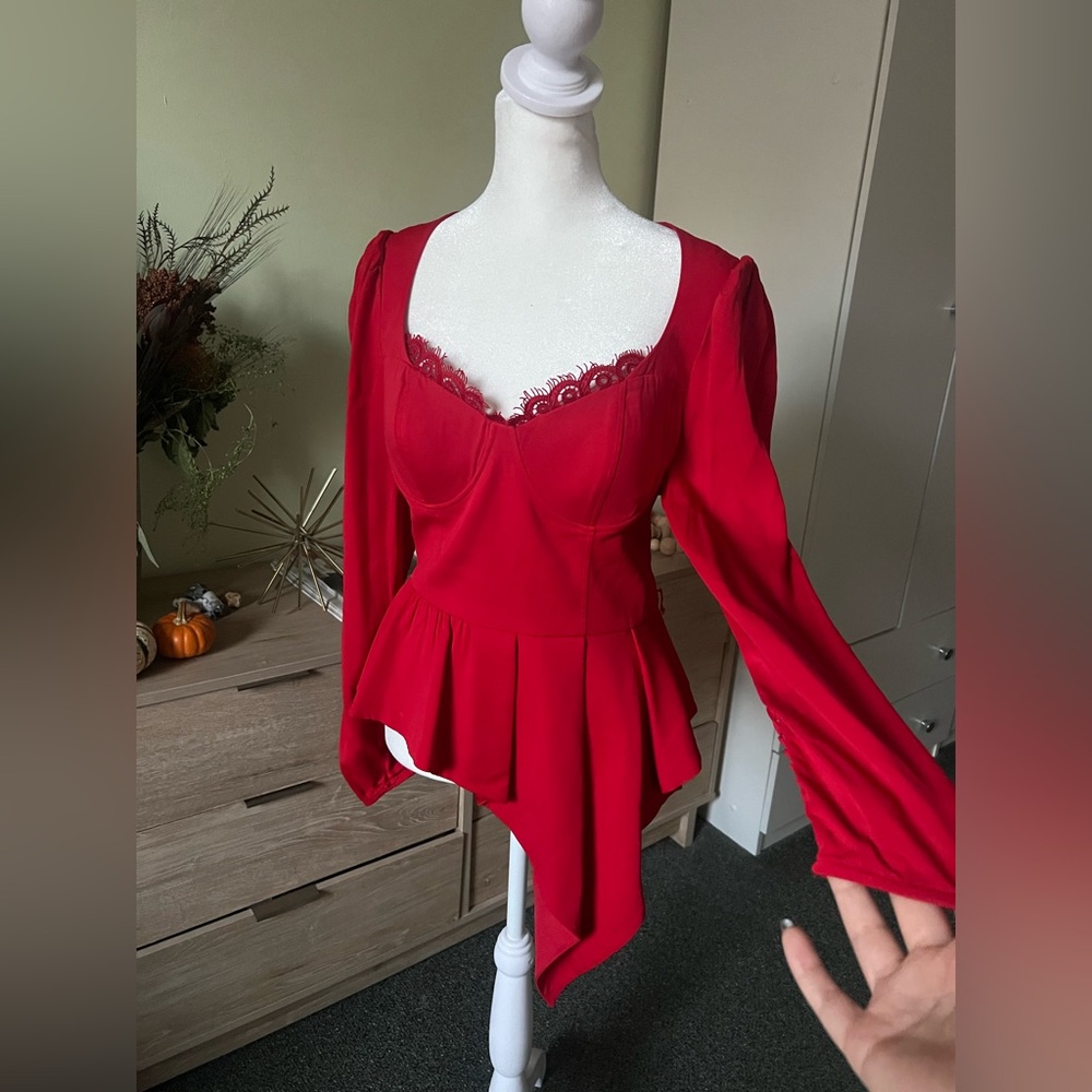 SELF PORTRAIT Red Crepe Peplum Corset Bustier Top Shirt Long-Sleeve Formal Sz 8 - Picture 6 of 16